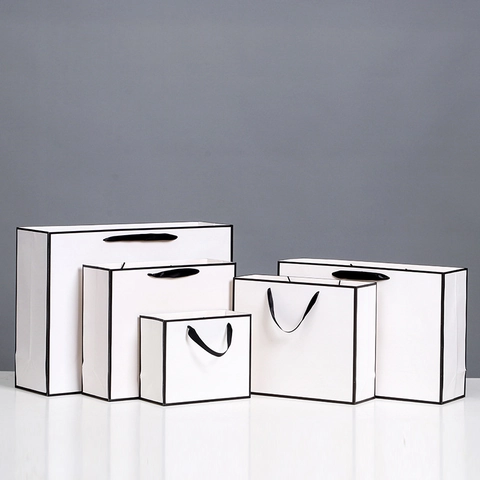 Minimalist White Cardboard Gift Bags With Black Edge Ribbon Handles For Clothing Shopping Wedding Birthday Party