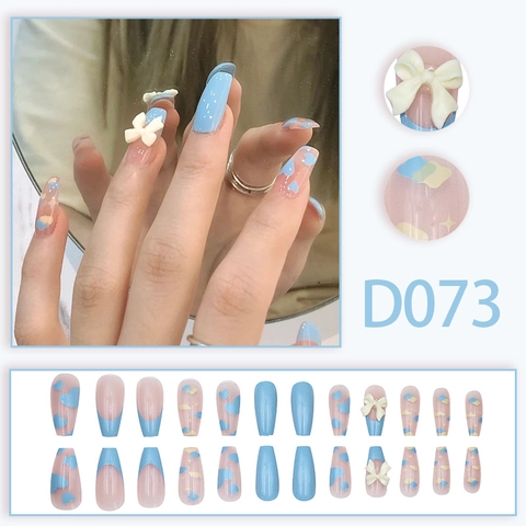 Kunstnagels Lichtblauw Hart Wolk Patronen Witte 3D Strik Decor Lange Doodskistvorm Zoet Fris DIY Manicure Voor Vrouwen