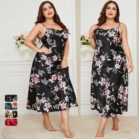 Übergröße Nachthemd Mit Blumendruck ImitationsSatin Satin Spaghettiträger V-Ausschnitt Maxi Nachtwäsche Für Damen