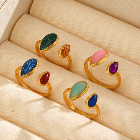 Water Drop Open Adjustable Ring Stainless Steel Gold Plated French Vintage Colorful Glitter Enamel Jewelry For Women