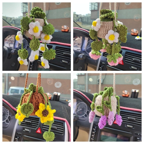 Handmade Crochet Car Pendant Yarn Potted Plant Rearview Mirror Hanging Decoration Sunflower Daisy Flower Ornaments
