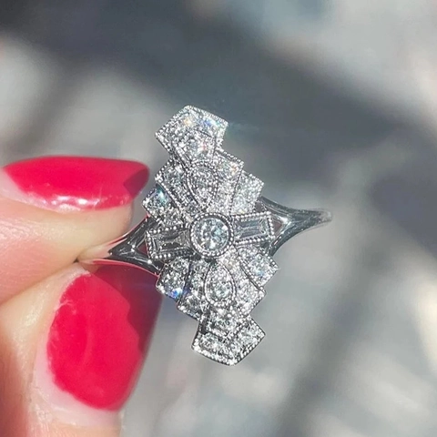 Art Deco Geometric Copper Ring With Cubic Zirconia Pave Vintage Elegant Crown Style Finger Jewelry For Women