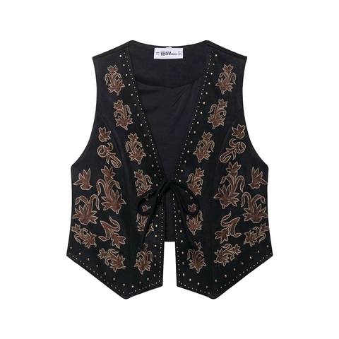 Gilet Donna Retro Similpelle Scamosciata Scollo A V Allacciato Ricamo Floreale Borchie Bohemien