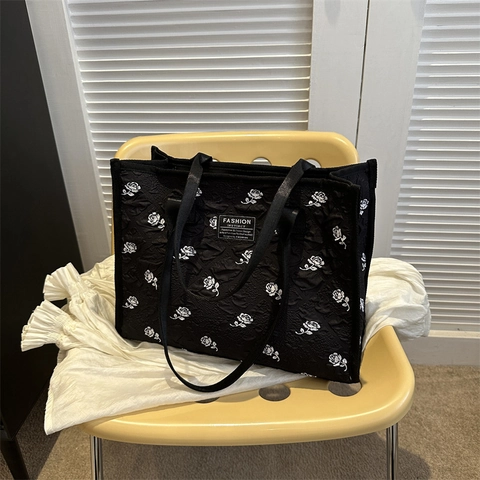 Borsa Tote Trapuntata Con Fiori Di Rosa Donna Tela Borsa A Spalla Casual Moda