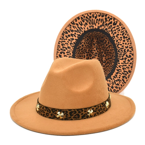 Cappello Fedora Unisex In Feltro Di Lana Finitura Leopardata Borchie In Metallo Tesa Larga Stile Jazz Vintage