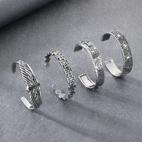 Retro Punk Edelstahl Manschettenarmband Kreuz Flügel Stern Religiös Verstellbar Offener Armreif Vintage Schmuck