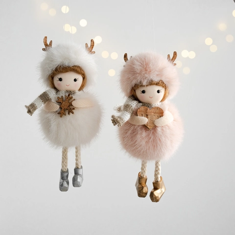 Plush Angel Doll Pendant Reindeer Antlers Striped Scarf Wooden Heart Snowflake Christmas Tree Ornament Festive Home Decoration