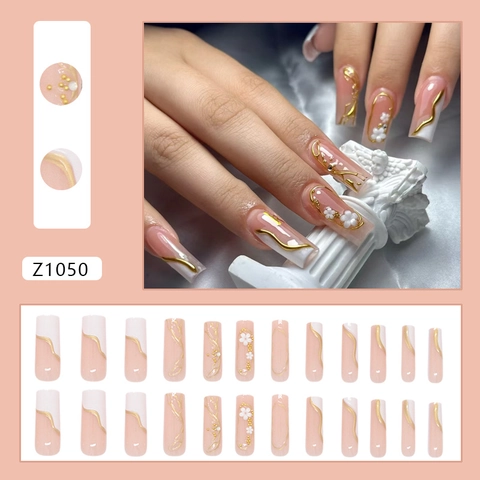 French Tip Press On Nails Nude Pink With 3D Gold Gilded Daisy Relief Glitter Square Head Elegant ABS Fake Nails For Women
