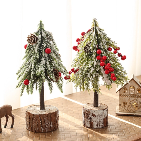 Mini Sapin De Noël Artificiel Décoration De Table Avec Baies Rouges Enneigées Pommes De Pin Et Base En Bois