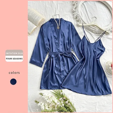Vestaglia E Camicia Da Notte In Raso Da Donna Raso Spalline Sottili Scollo A V Con Cintura Pigiameria Blu Notte