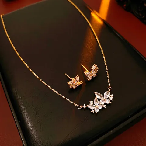 Butterfly Necklace And Earrings Jewelry Copper Gold Plated White Zirconia Sparkling Elegant For Women Silver Earring Post