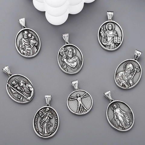 Retro Roestvrijstalen Religieuze Hanger Ketting Voor Heren Dames Maria Jezus Reliëf Medaillon Punk Gotische Sieraden