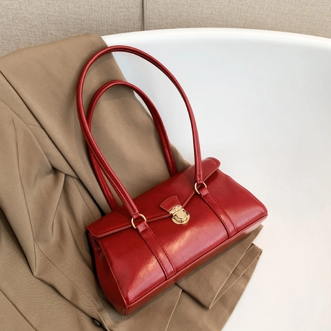 Sac Sous le Bras en Cuir PU Vintage pour Femmes Mode Navetteur Sac à Bandoulière Avec Serrure en Métal Sac à Main Rectangulaire