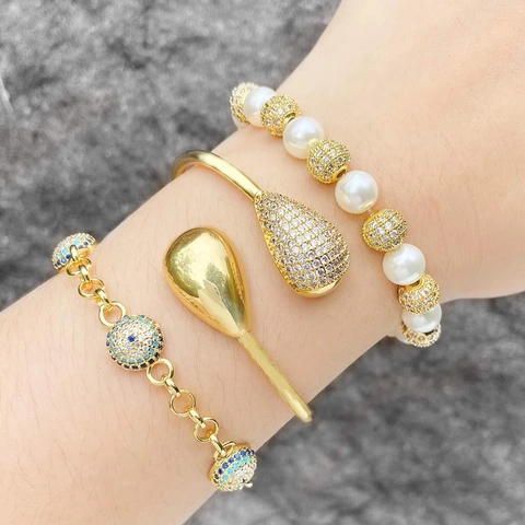 Pulsera Ojo Turco Perla Artificial Pulsera Brazalete Abierto Gota De Agua Bañado Oro 18K Cobre Zirconia Mujeres