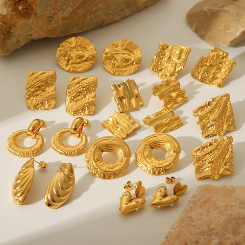 Pendientes Geométricos Martillados De Acero Inoxidable Chapado En Oro De 18K Joyas Vintage Con Textura Para Mujer
