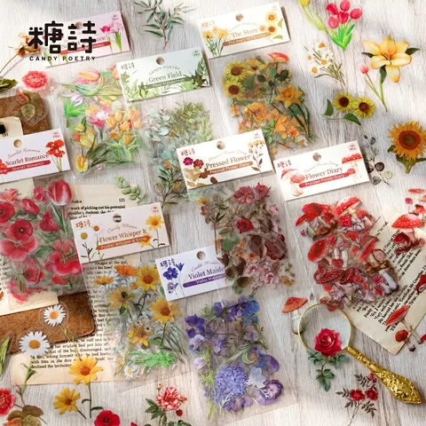 Vintage Botanical Stickers Transparent PET Waterproof Floral Mushroom Decals For Scrapbooking Journaling DIY Art Decor