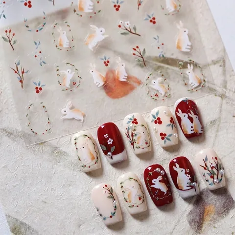 Nail Art Stickers 3D Self Adhesive Bunny Rabbit Garden Flower Berry Pattern For Manicure Decoration Sweet Style DIY