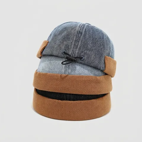 Kids Cotton Denim Miki Hat Brimless Docker Cap Patchwork Retro Hip Hop Streetwear Adjustable Sailor Hat