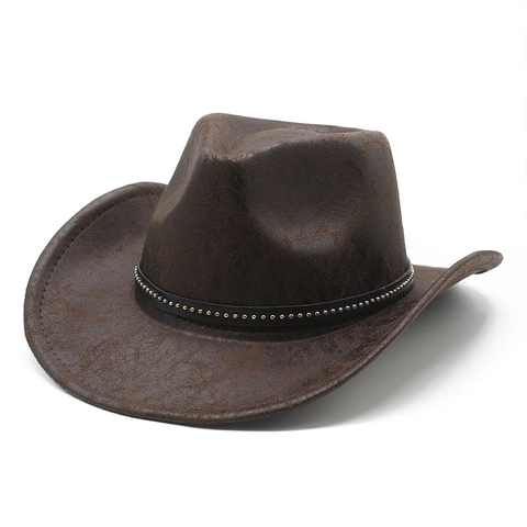 Cappello Da Cowboy Western Vintage Con Texture Screpolata Tesa Larga Fedora Con Fascia Borchiata Per Uomo Donna Stile Etnico