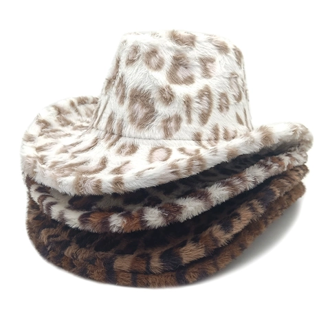 Leopard Print Faux Fur Cowboy Hat Wide Brim Plush Winter Warm Jazz Fedora For Women Stylish British Style