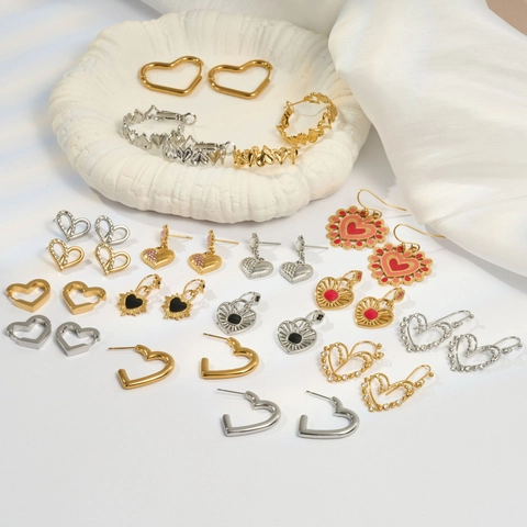 Pendientes de Gota de Corazón de Acero Inoxidable Vintage Francés para Mujer Chapados en Oro Plata Esmalte Strass Joyería