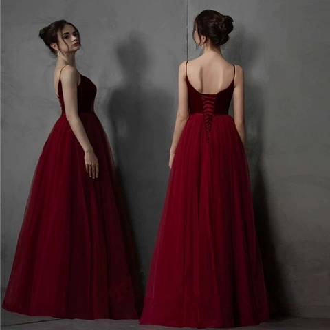 Women Evening Gown Wine Red Velvet Tulle Spaghetti Straps V Neck Backless Lace Up Formal Party Prom Ball Gown