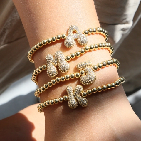 Alphabet Initial Letter Beaded Bracelet Gold Plated Copper Beads Micro Pave Cubic Zirconia Pendant Elastic Women Jewelry