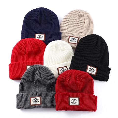 Knitted Beanie Hat Winter Warm Acrylic Cuff Outdoor Embroidery Patch Windproof Skull Cap For Men Women Casual