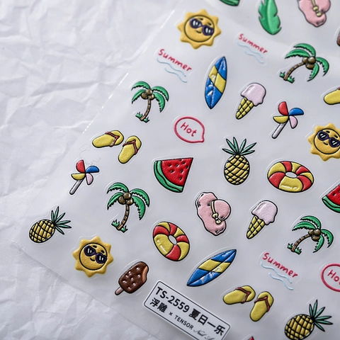 Sommer Thema 3D Relief Nagelaufkleber PET Selbstklebend Cartoon Wassermelone Sonne Design Für DIY Maniküre