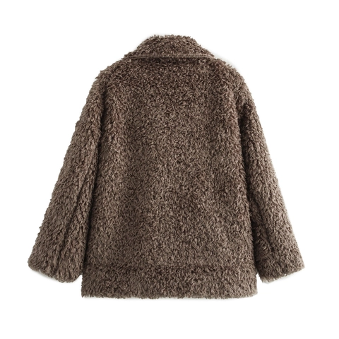 Women Faux Fur Jacket Solid Brown Teddy Fleece Coat Large Lapel Single Breasted Warm Winter Outerwear Chic