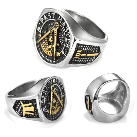 Masonic Ring Past Master Edelstahl Vintage Kompass Quadrat Zwei Töne Schmuck Für Männer Retro Punk Stil