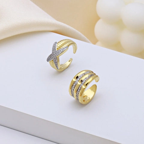 Modischer X-Förmig Gestreifter Kupfer Zirkonia Zweifarbiger Offener Ring Luxus Verstellbar Geometrischer Schmuck Damen Ring
