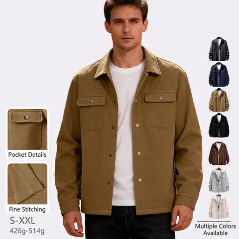 Men Shacket Jacket Knit Wool Like Fabric Lapel Double Chest Pockets Metallic Buttons Long Sleeve Casual Outerwear