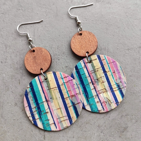 Bohemian Dangle Earrings Geometric Wood Cork Leather Colorful Striped Polka Dot Pattern Artistic Round Jewelry For Women