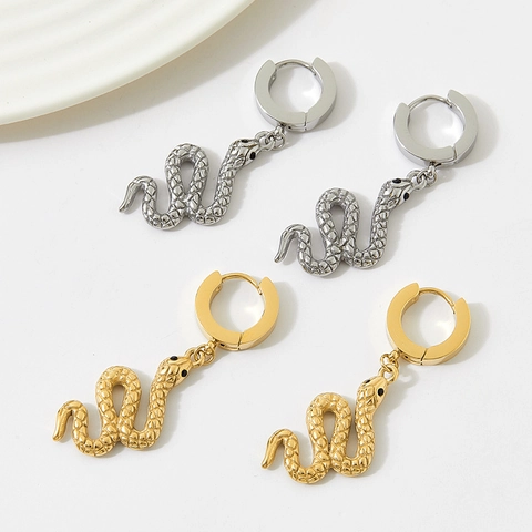 Schlange Hoop Drop Ohrringe Edelstahl Vergoldet Strukturierte Schuppen Schwarze Augen Gothic Punk Schmuck Für Frauen