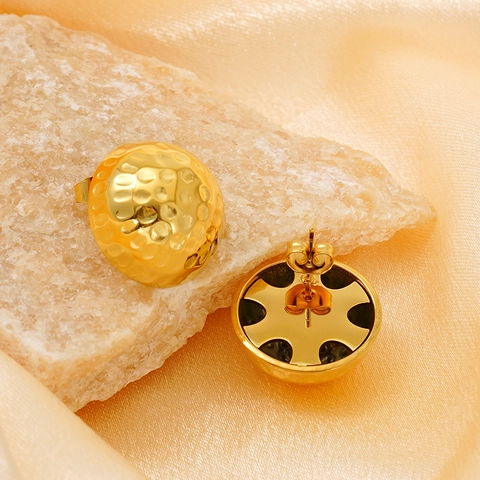 Hammered Round Stud Earrings 18K Gold Plated Stainless Steel Dimpled Hemispherical Minimalist Jewelry For Women