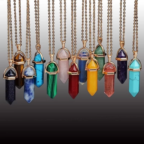 Hexagonal Prism Natural Stone Pendant Necklace Healing Crystal Stainless Steel Column Chain Jewelry