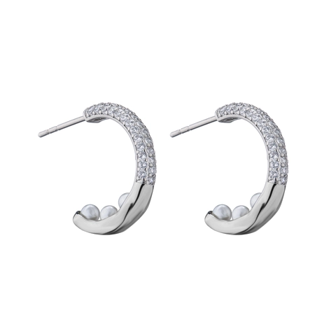 Vintage C-förmige Creolen Mit Mikro-Pave-Zirkonia Und Künstlicher Künstliche Perle Elegante Messing-Schmuck Für Damen