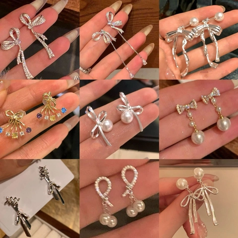 Pendientes De Lazo Con Pedrería Y Perla Artificial Joyería De Moda Para Mujer Con Poste De Pendiente De Plata