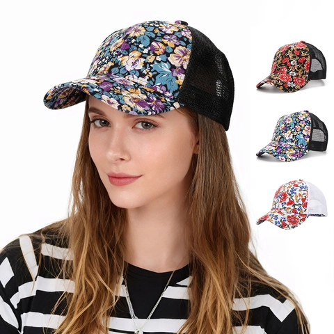 Floral Print Mesh Trucker Hat Breathable Polyester Curved Brim Adjustable Baseball Cap For Women Outdoor Sun Protection
