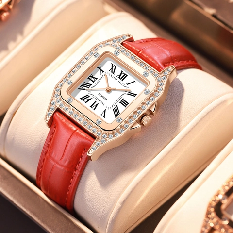 Women Quartz Watch Square Case Rhinestone Roman Numeral Dial Crocodile Leather Strap Elegant Vintage Fashionable Wristwatch