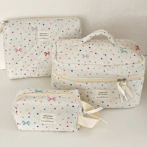 Quilted Makeup Bag Colorful Polka Dot Bow Cosmetic Organizer Travel Pouch Sweet Aesthetic Soft Cotton Storage For Women