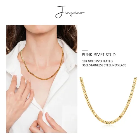 Cuban Chain Necklace Stainless Steel Gold Plated Flat Link Minimalist Fashion Jewelry For Women
