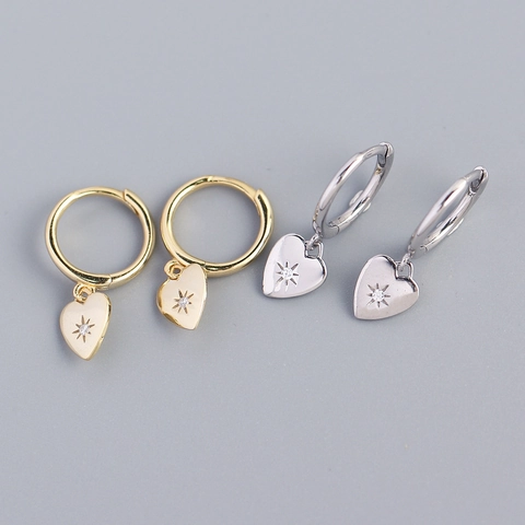 925 Sterling Silver Heart Hoop Earrings Starburst Zircon Dangle Pendant Dainty Minimalist Jewelry Gifts For Women