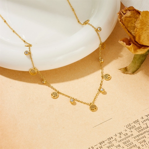 Life Tree Pendant Necklace Stainless Steel Gold Plated With White Rhinestone For Women Trendy Clavicle Chain Jewelry