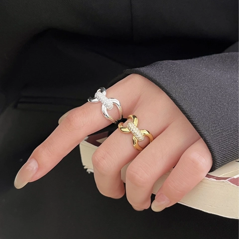 925 Sterling Silver Adjustable Ring Knot Double Chain Link Design Pave Cubic Zirconia Elegant Jewelry For Women