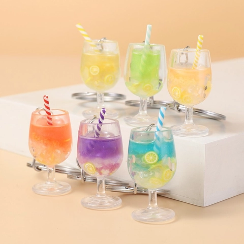Luminous Simulation Fruit Lemon Slice Goblet Keychain Colorful Straw Drink Cup Resin Bag Pendant Creative Decorative Jewelry Gift
