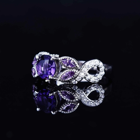 Purple Amethyst Cubic Zirconia Ring Vintage Infinity Flower Design Copper For Women Engagement Wedding