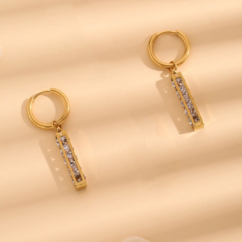 Elegant Stainless Steel Geometric Hoop Earrings For Women Luxury Cubic Zirconia Rectangular Pendant Gold Plated Jewelry