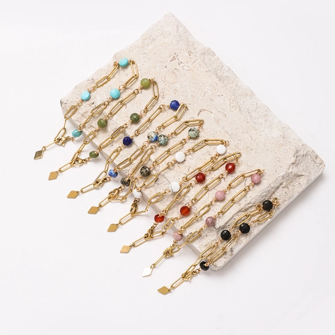 Bracciale A Catena Paperclip Con Pietra Naturale Acciaio Inossidabile Placcato Oro Perline Colorate Gioielli Da Donna Elegante